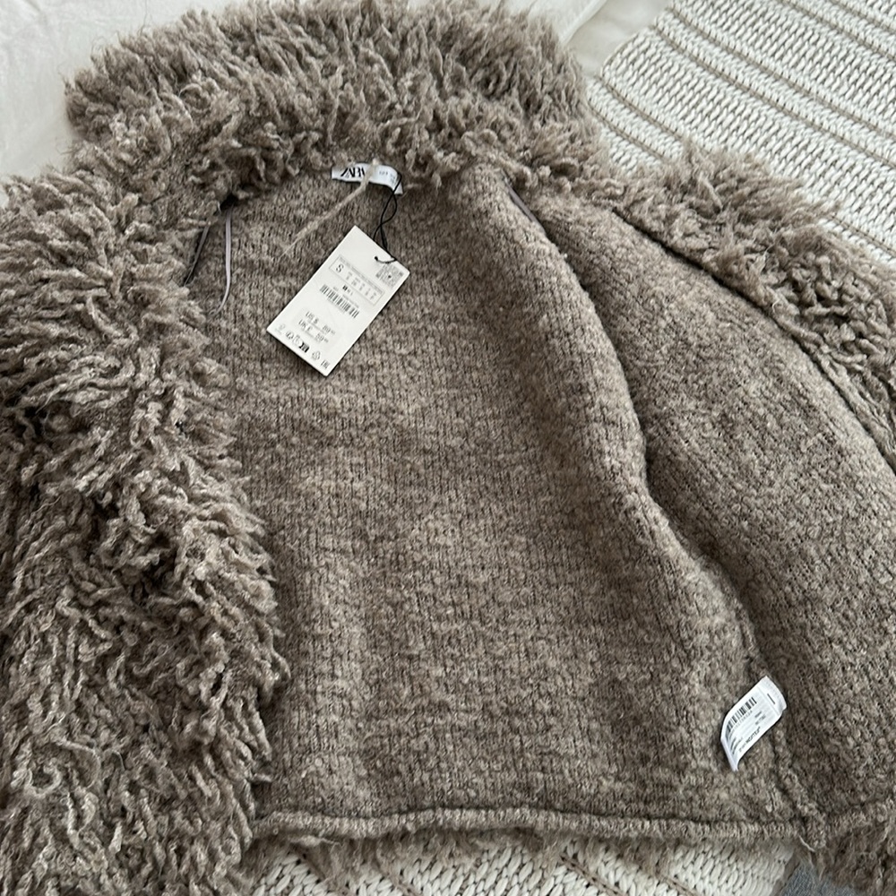 ZARA FAUX FUR KNIT JACKET 4938/102 SMALL MINK BEIGE CARDIGAN COAT TEDDY SHERPA - Picture 13 of 13